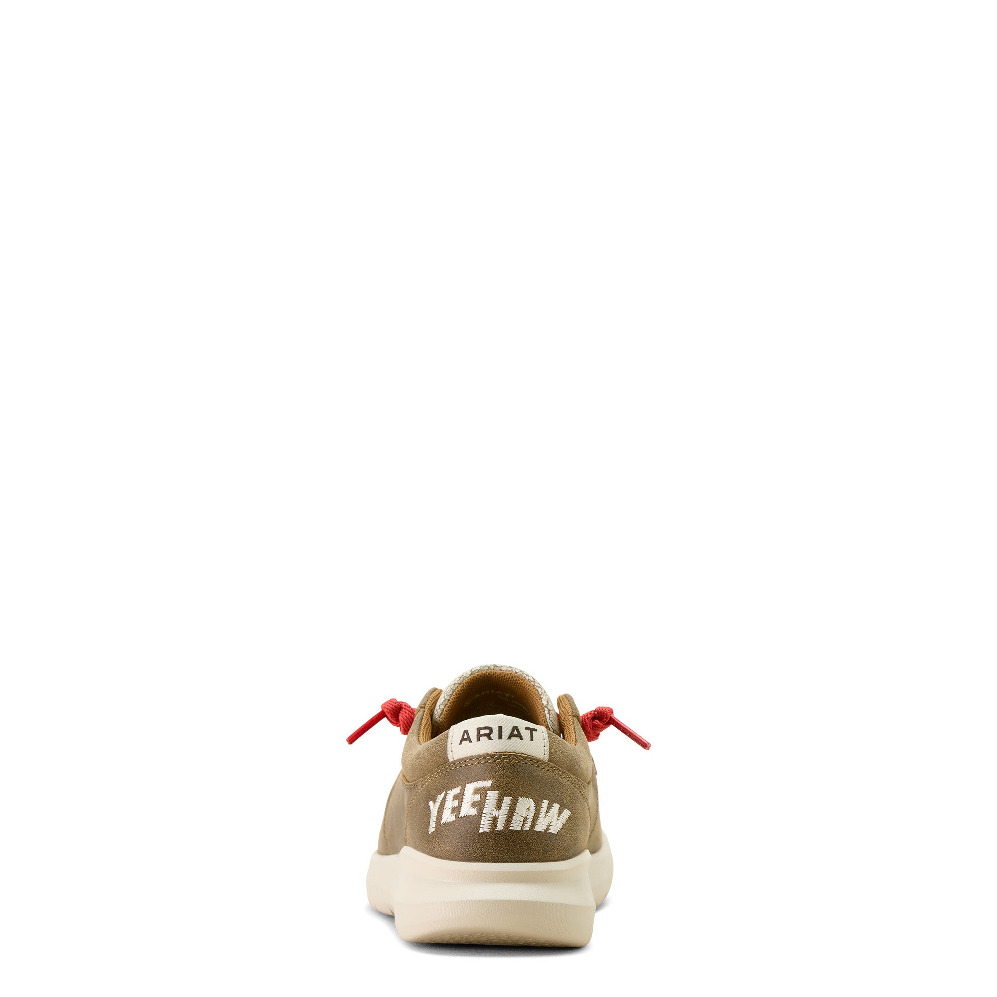 Ariat Women's Hilo Sendero Slip On Shoe. Brown sneaker with red accents and 'Yeehaw' text on a white background