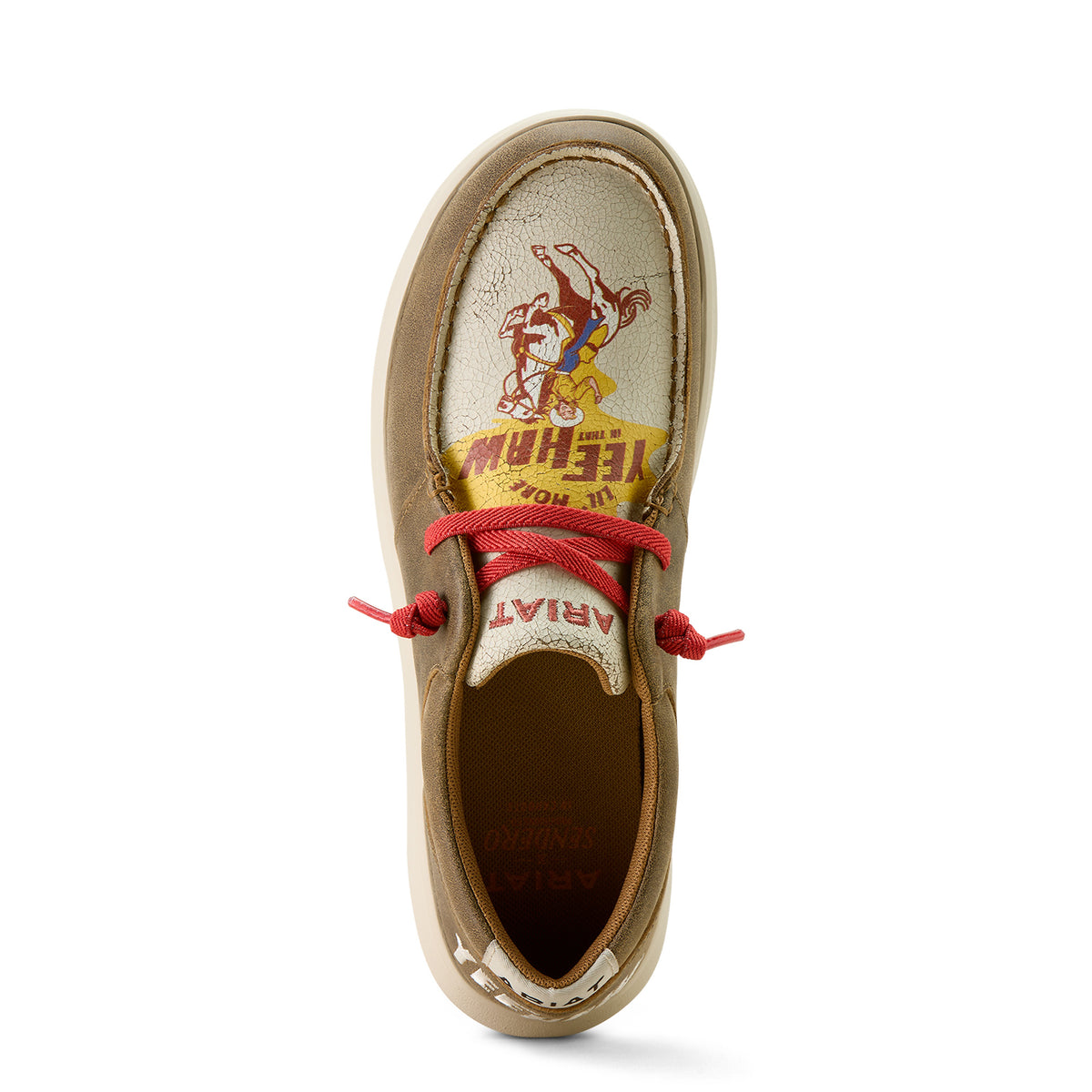 Ariat Women's Hilo Sendero Slip On Shoe. Tan boat shoe with red laces and a visible brand logo on a white background