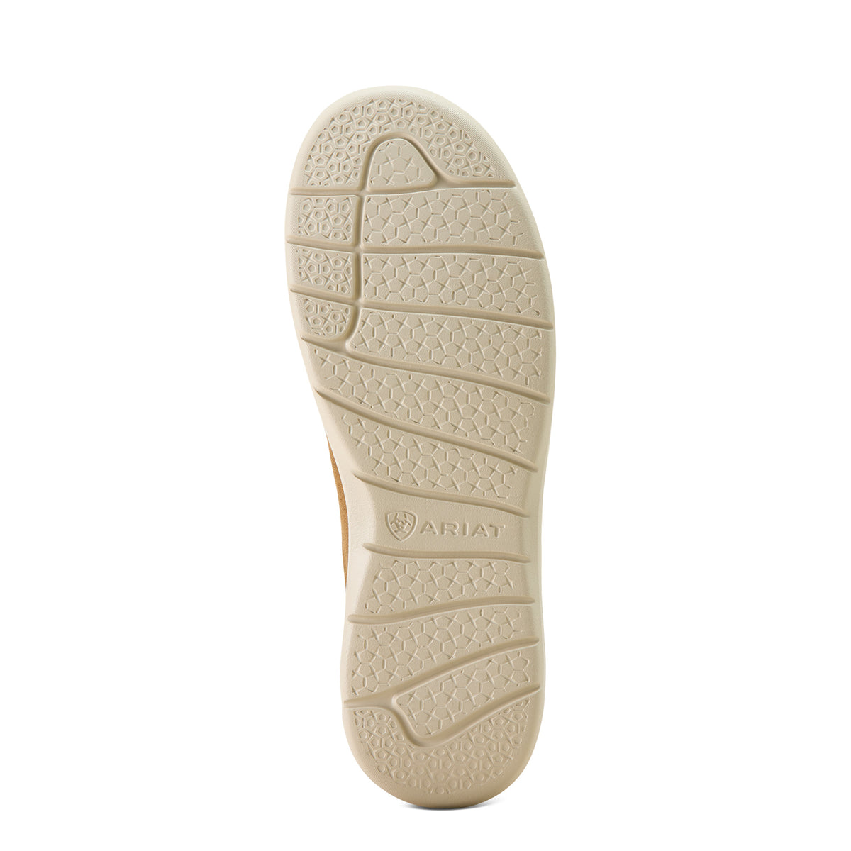 Ariat Women's Hilo Sendero Slip On Shoe. Beige shoe sole with Ariat logo on a white background