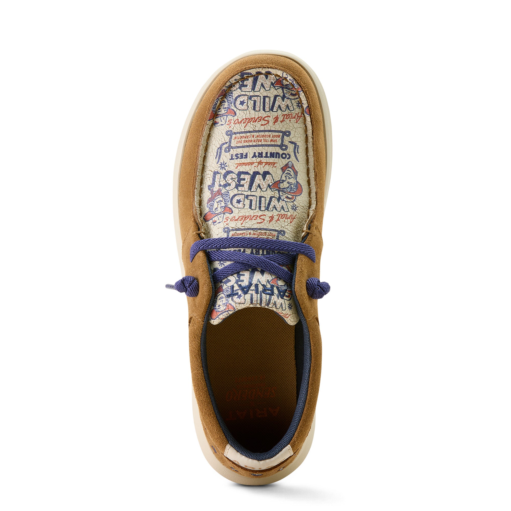 Ariat Women's Hilo Sendero Slip On Shoe. Brown shoe with blue laces on a white background