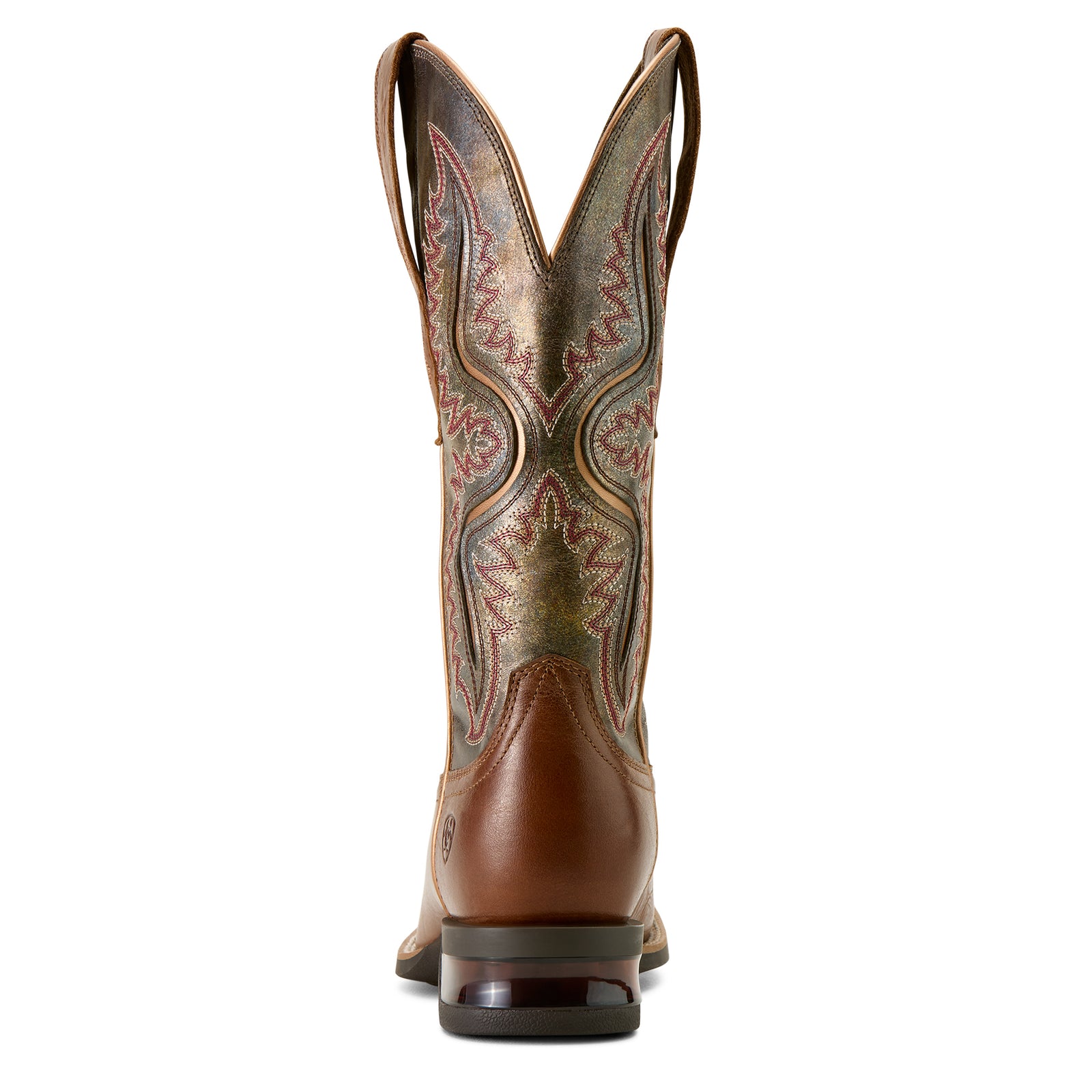 Ariat Women's Captivate Wide Square Toe Western Boot. Brown cowboy boot with intricate pattern on a white background