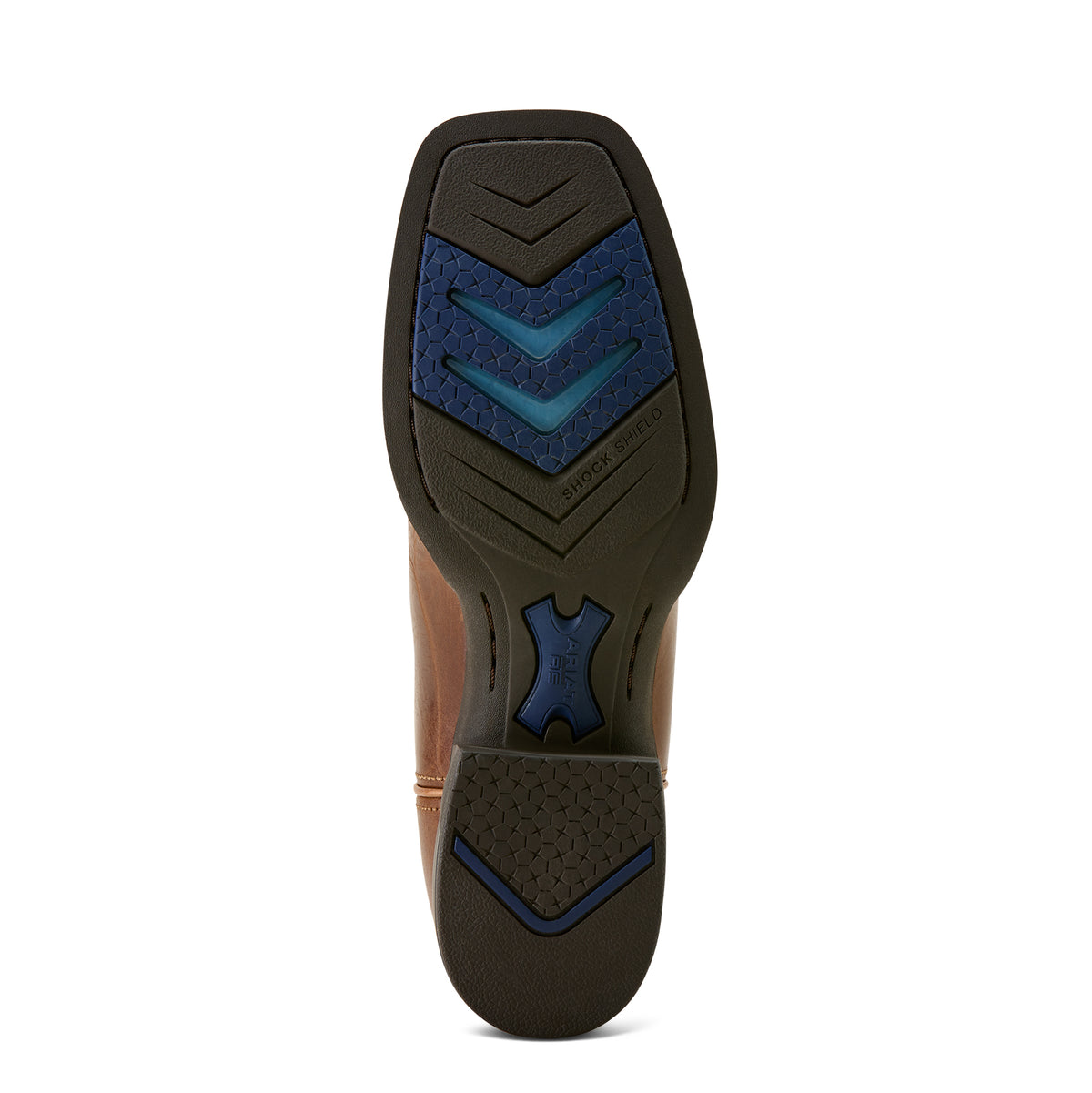 Ariat Women's Captivate Wide Square Toe Western Boot. Close-up of a shoe sole with blue and black pattern on a white background