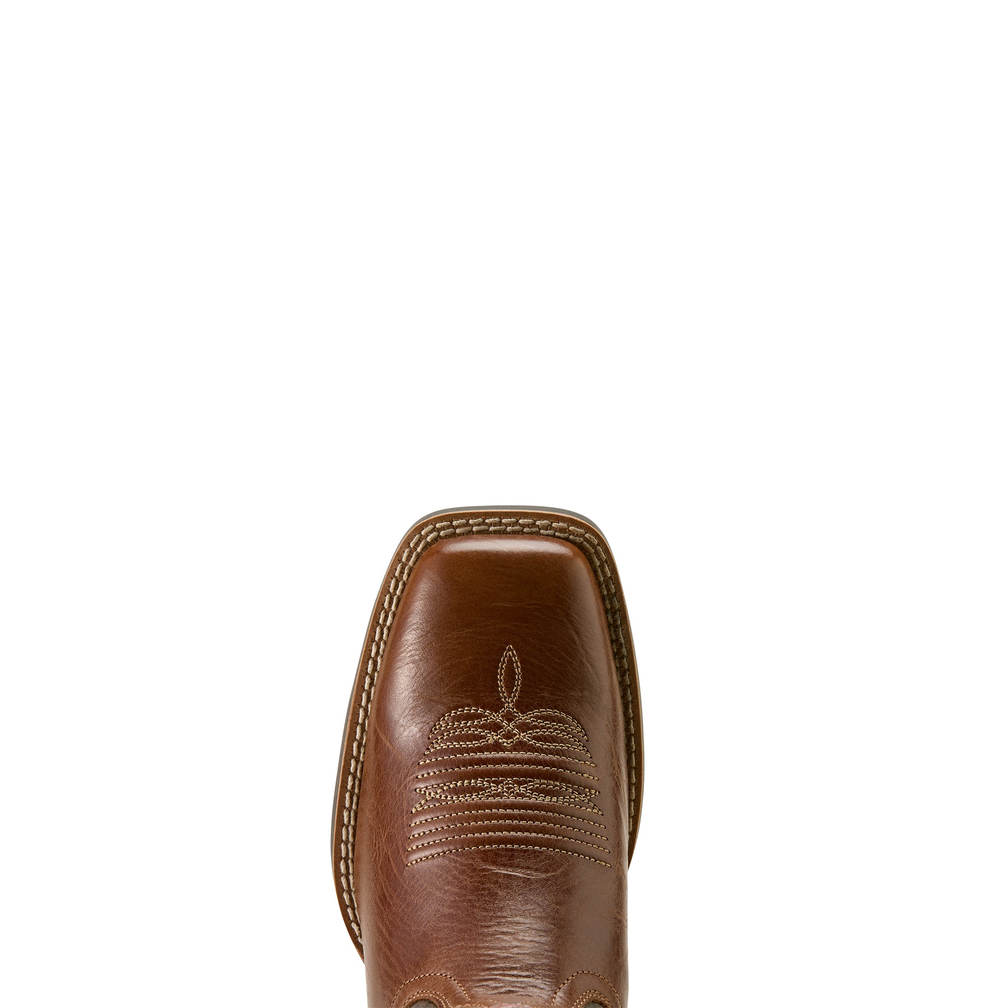 Ariat Women's Captivate Wide Square Toe Western Boot. Brown leather boot with intricate stitching on a white background