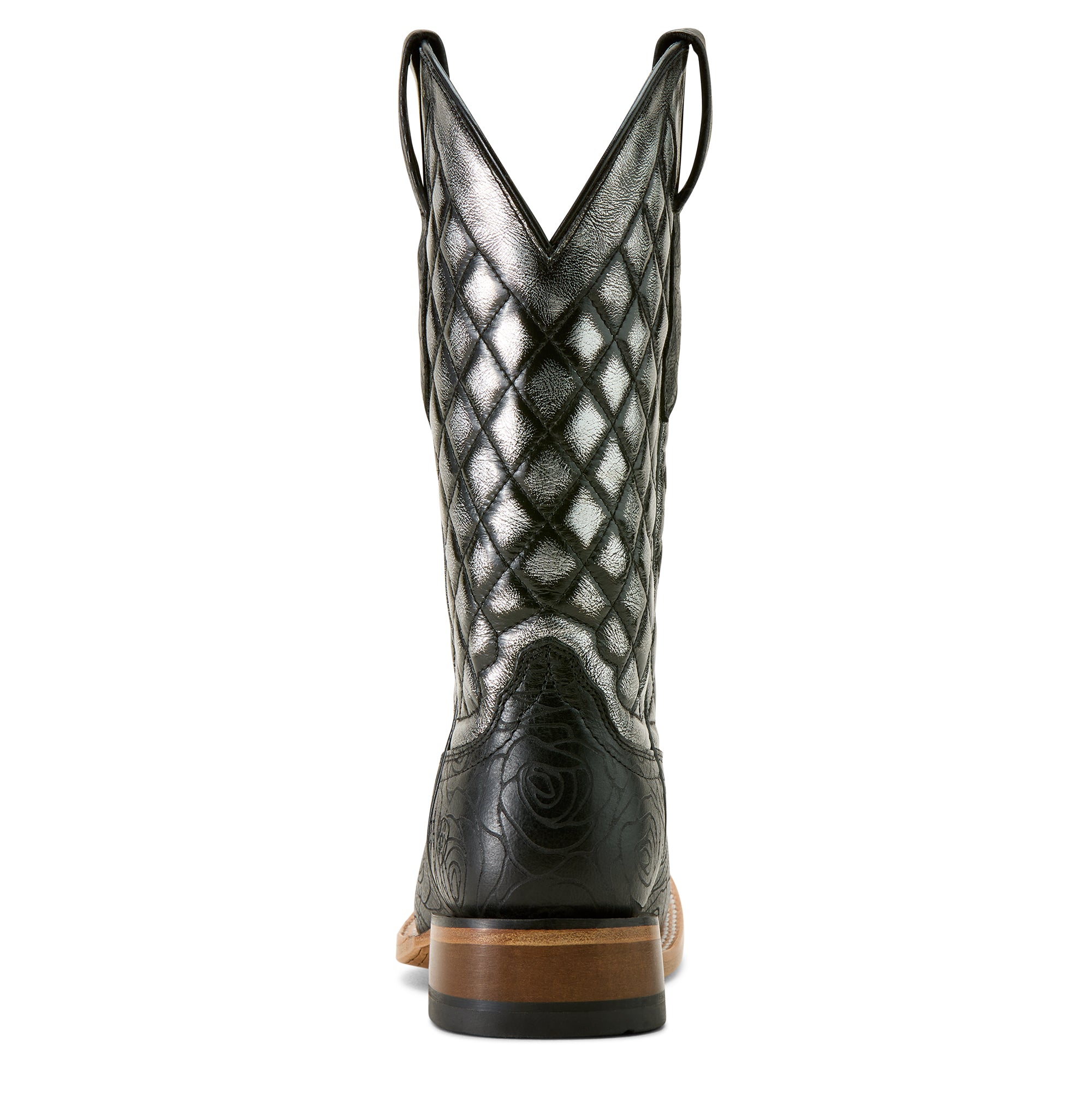 Ariat Women's Frontier Wittman Western Boot. Black and white quilted cowboy boot on a white background