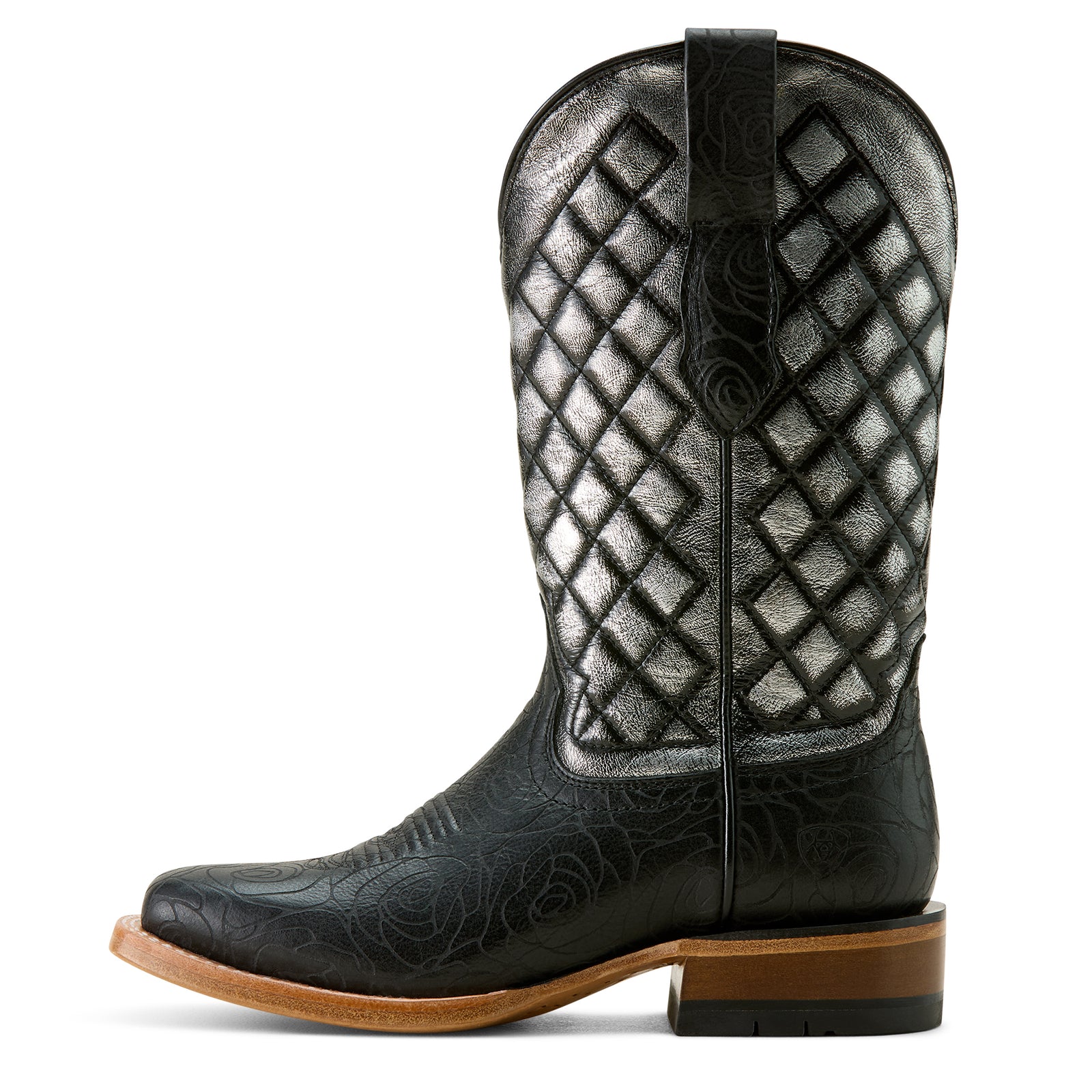 Ariat Women's Frontier Wittman Western Boot. Black cowboy boot with quilted silver insole on a white background
