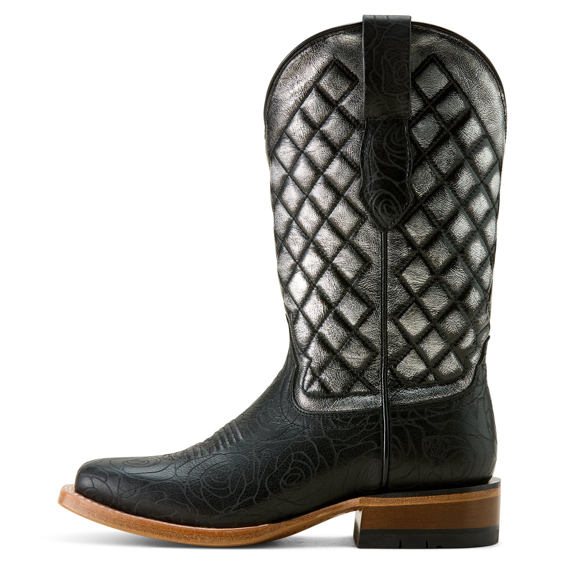Ariat Women's Frontier Wittman Western Boot. Black cowboy boot with quilted silver insole on a white background