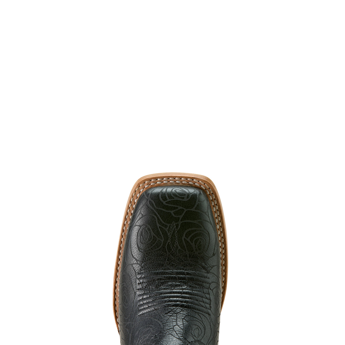 Ariat Women's Frontier Wittman Western Boot. Black leather cowboy boot with intricate patterns on a white background