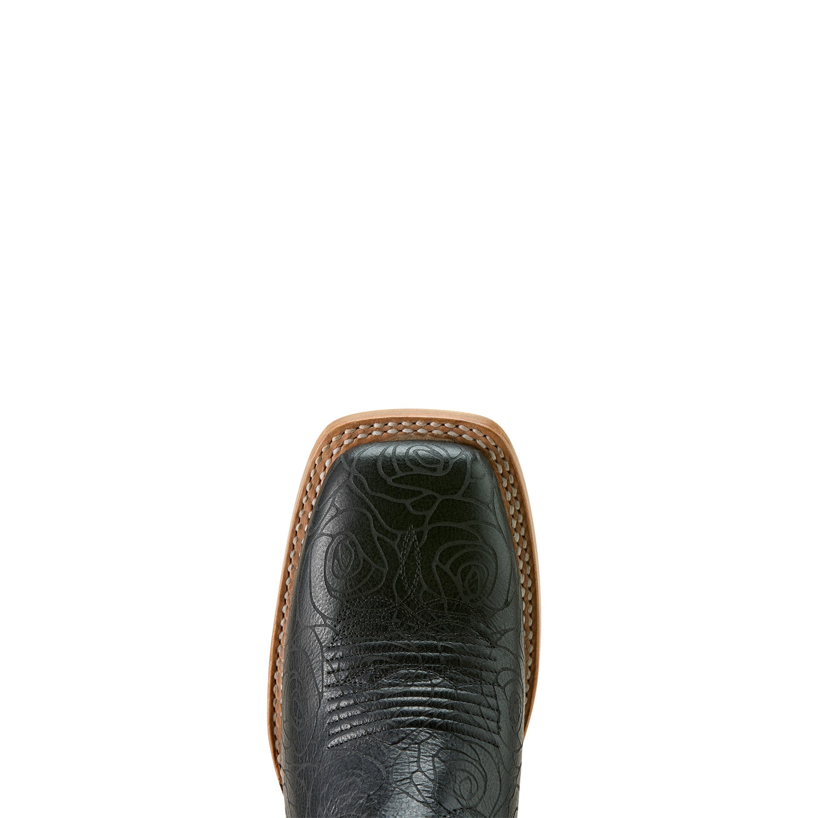 Ariat Women's Frontier Wittman Western Boot. Black leather cowboy boot with intricate patterns on a white background