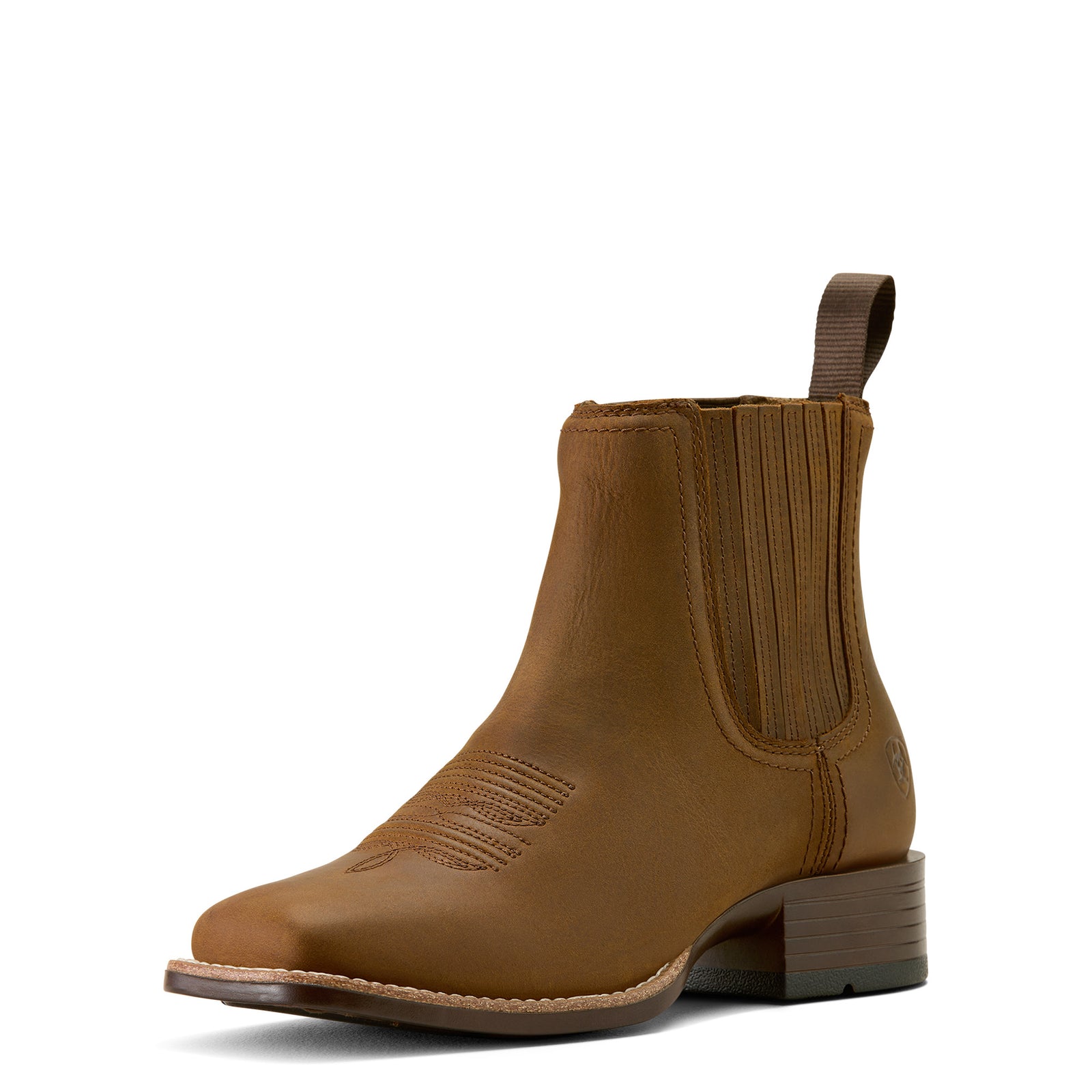 Ariat Women's Booker Chelsea Wide Square Toe Western Boot. Brown leather boot on a white background