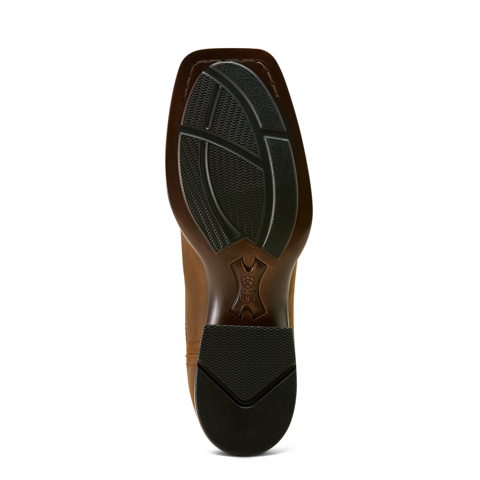 Ariat Women's Booker Chelsea Wide Square Toe Western Boot. Close-up of a brown shoe sole with black tread pattern on a white background