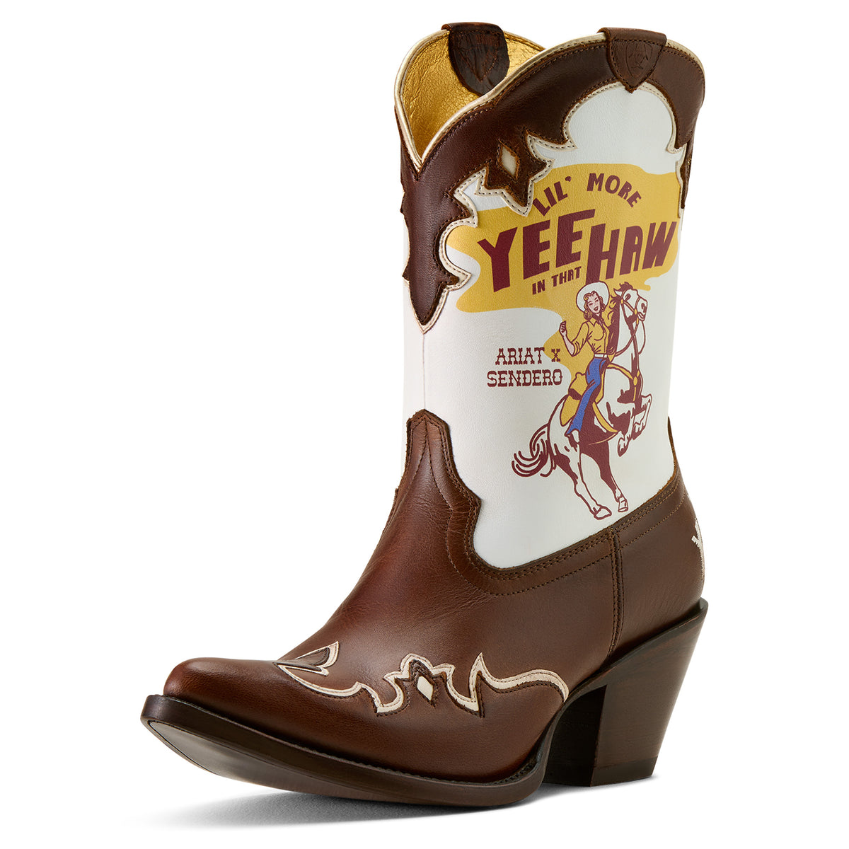 Ariat Women's Bandida Sendero J Toe Western Boot. Brown and white cowboy boot with graphic design on a white background