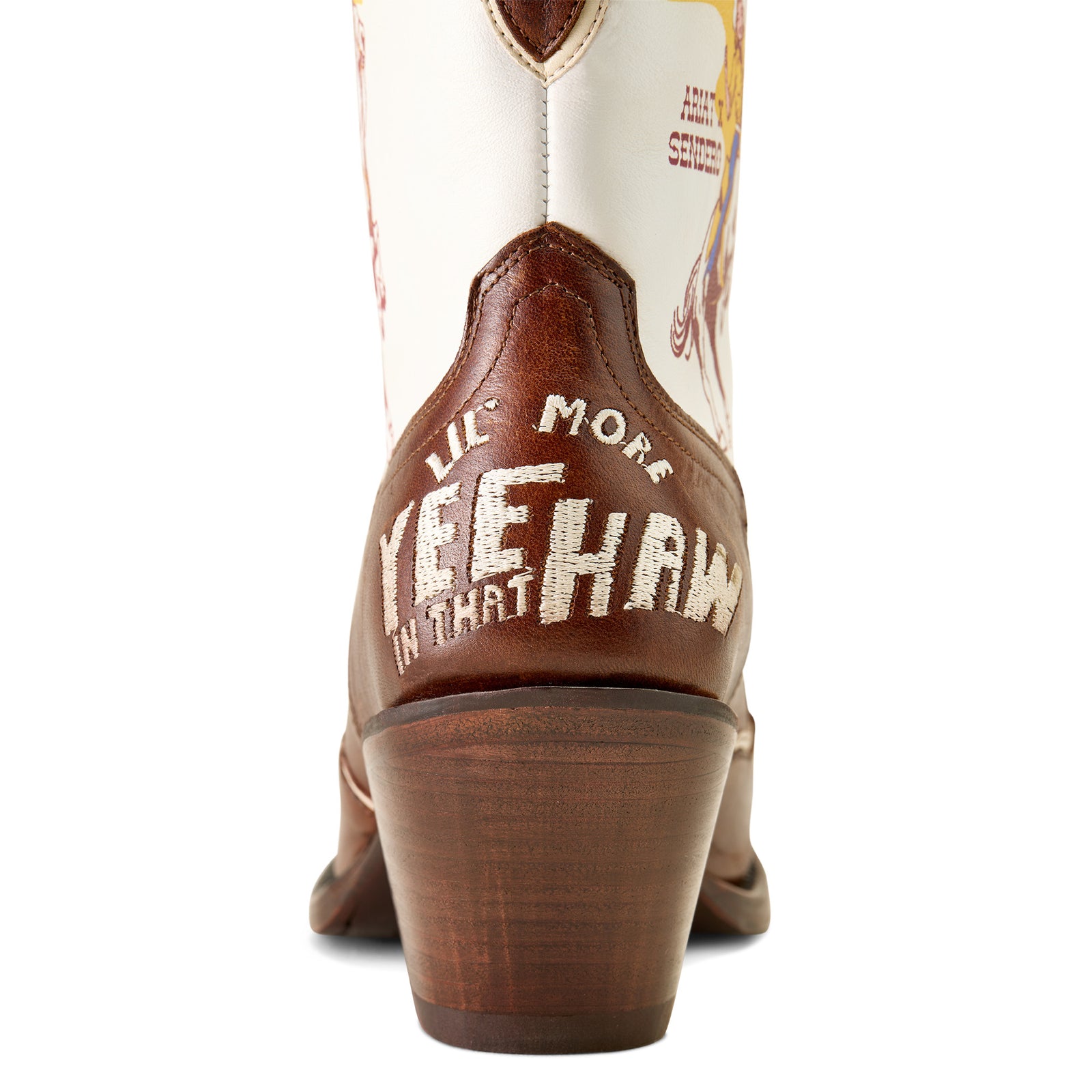 Ariat Women's Bandida Sendero J Toe Western Boot. Close-up of a cowboy boot with text on a white background