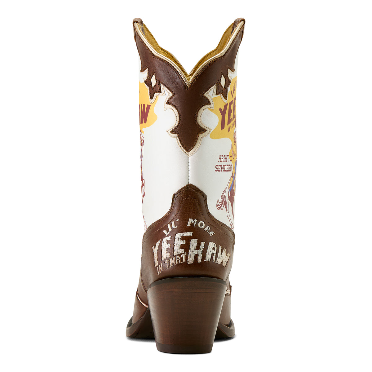 Ariat Women's Bandida Sendero J Toe Western Boot. Cowboy boot with 'Yeehaw' text and graphics on a white background