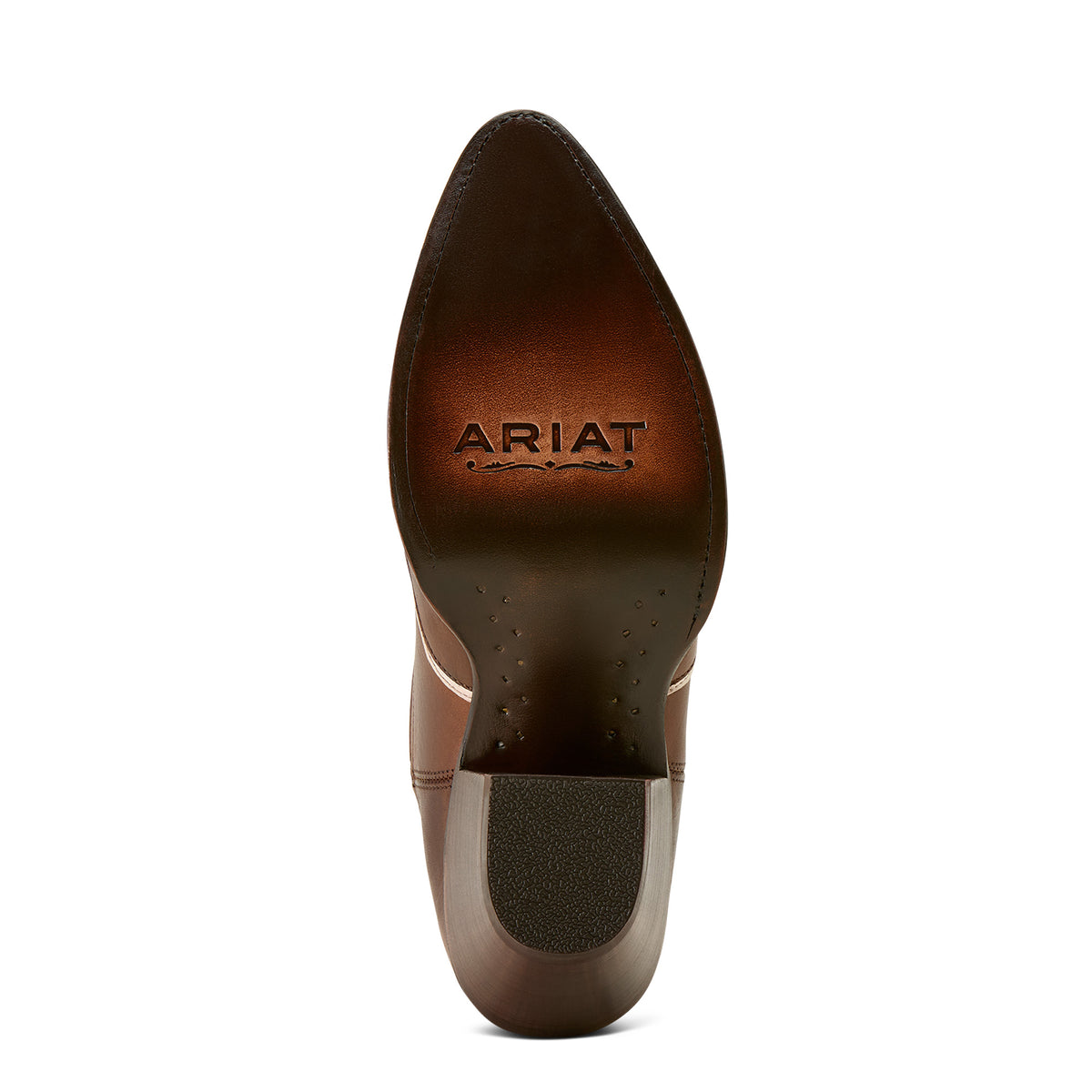 Ariat Women's Bandida Sendero J Toe Western Boot. Brown leather boot sole with 'Ariat' branding on a white background