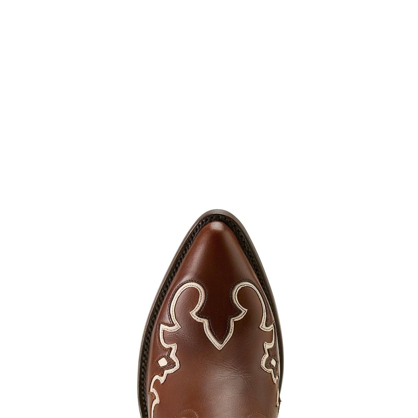 Ariat Women's Bandida Sendero J Toe Western Boot. Brown and white cowboy boot with graphic design on a white background