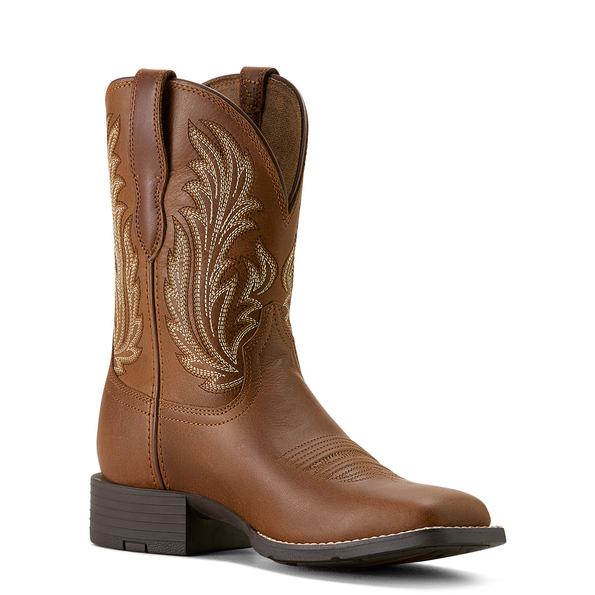 Ariat Round Up Filly Brown cowboy boot with intricate embroidery on a white background