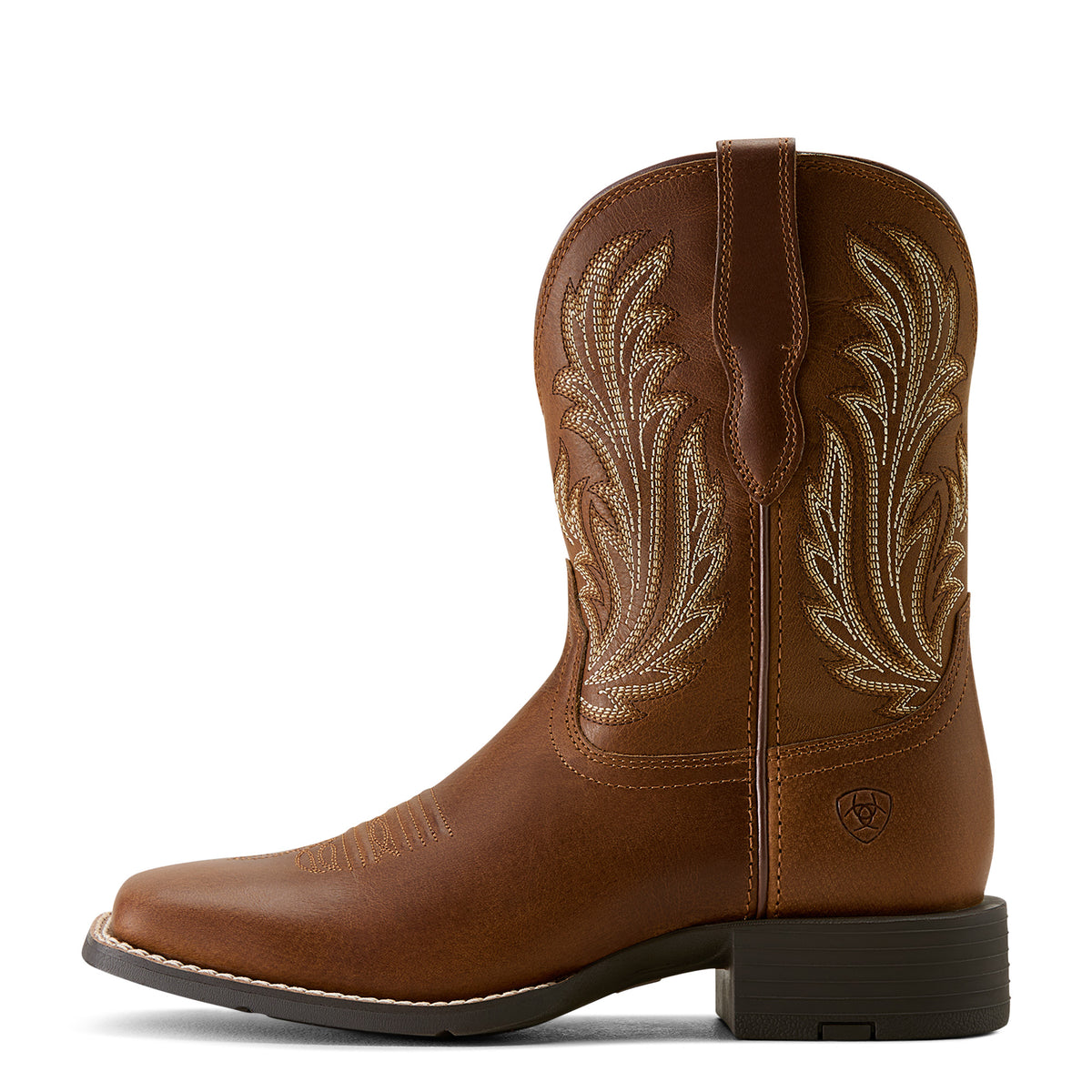 Ariat Round Up Filly Brown cowboy boot with intricate stitching on a white background