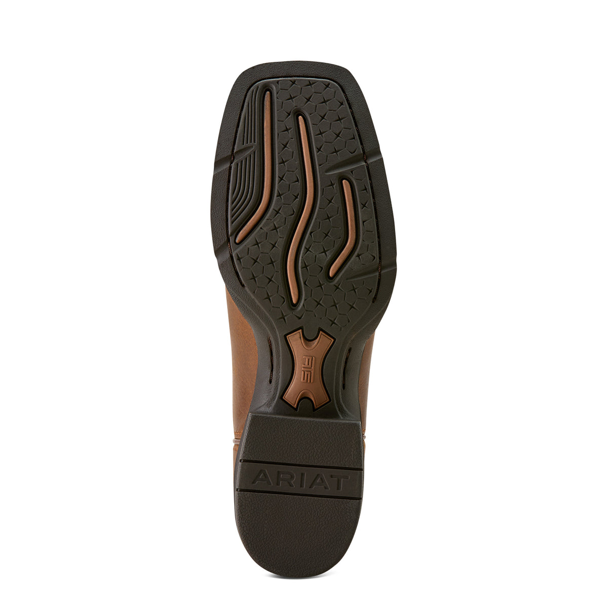 Close-up of a brown and black western boot sole with 'Ariat' branding on a white background