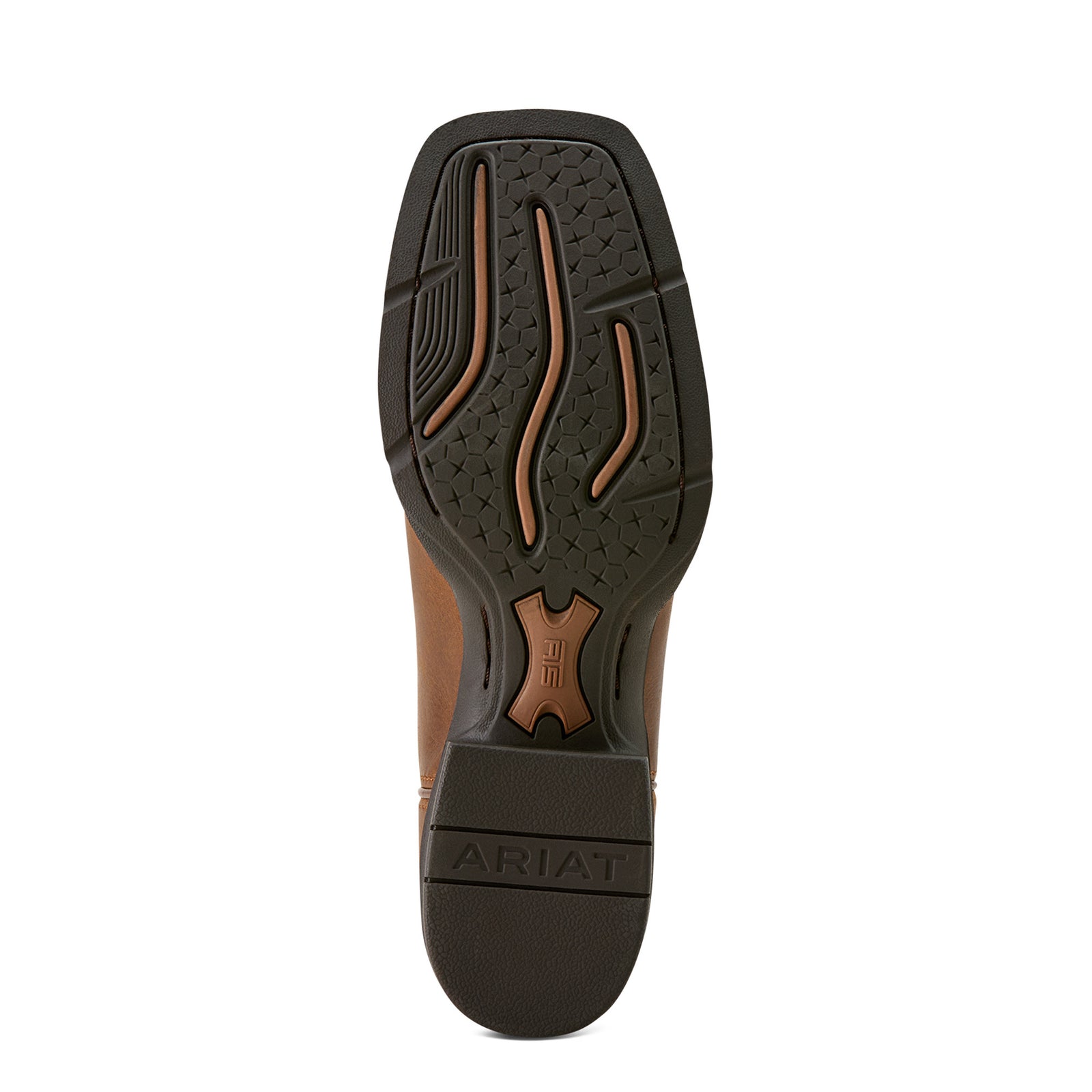 Close-up of a brown and black western boot sole with 'Ariat' branding on a white background
