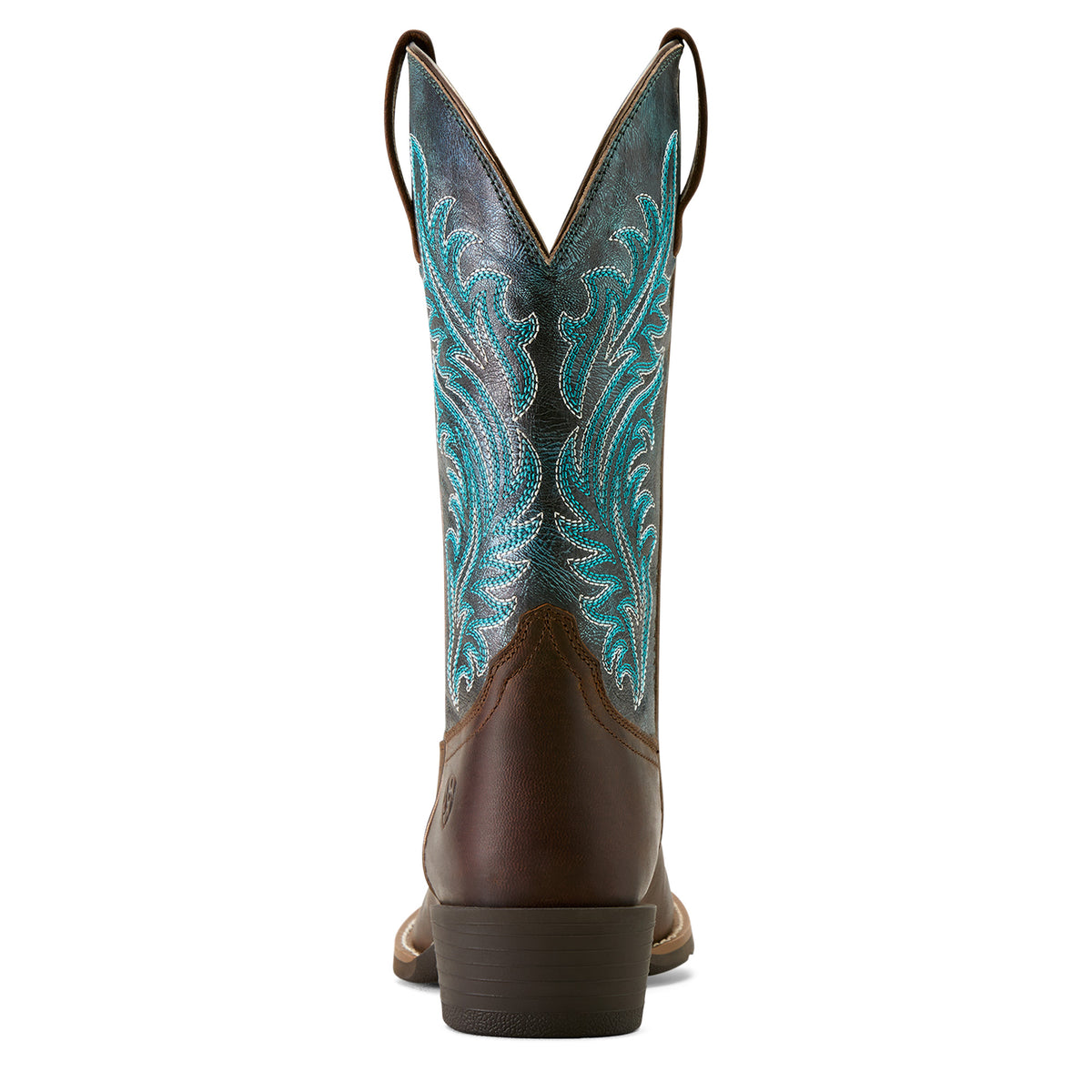 Ariat Women's Round Up Narrow Cutter Western Boot. Brown cowboy boot with turquoise embroidery on a white background