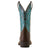 Ariat Women's Round Up Narrow Cutter Western Boot. Brown cowboy boot with turquoise embroidery on a white background