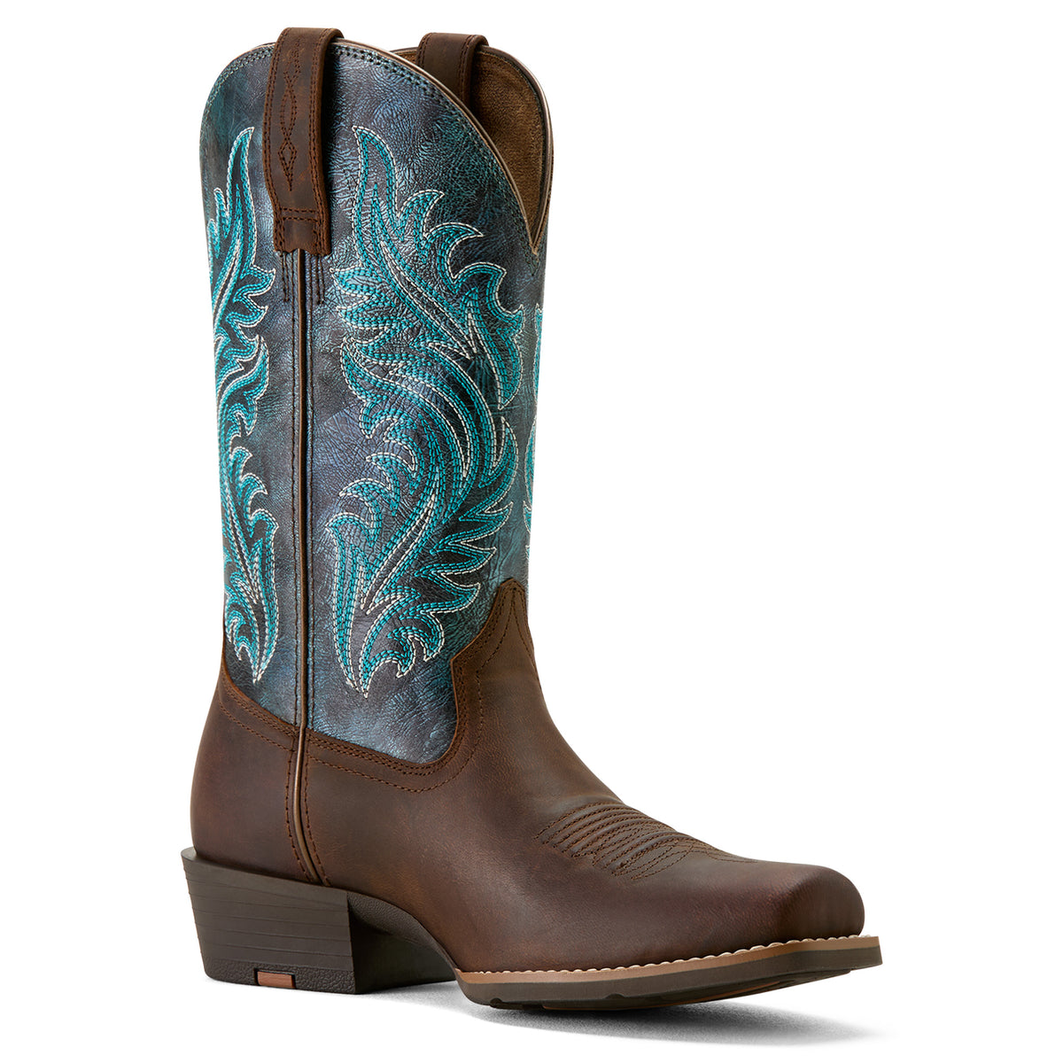 Ariat Women's Round Up Narrow Cutter Western Boot. Brown cowboy boot with turquoise embroidery on a white background