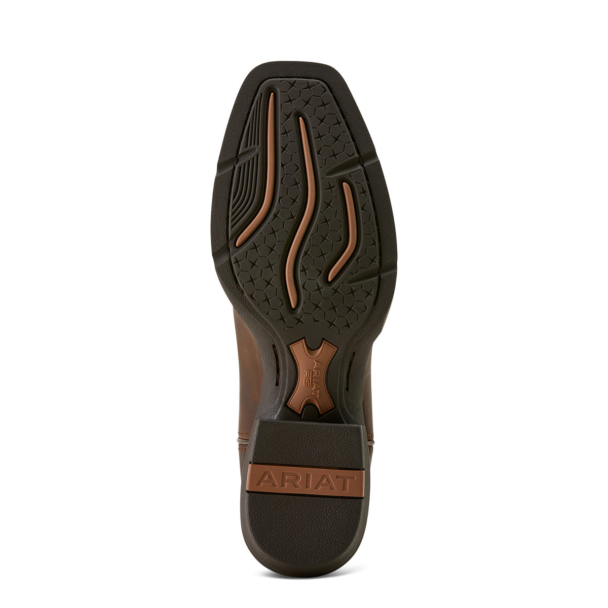 Ariat Women's Round Up Narrow Cutter Western Boot. Close-up of a brown and black shoe sole with 'Ariat' branding on a white background