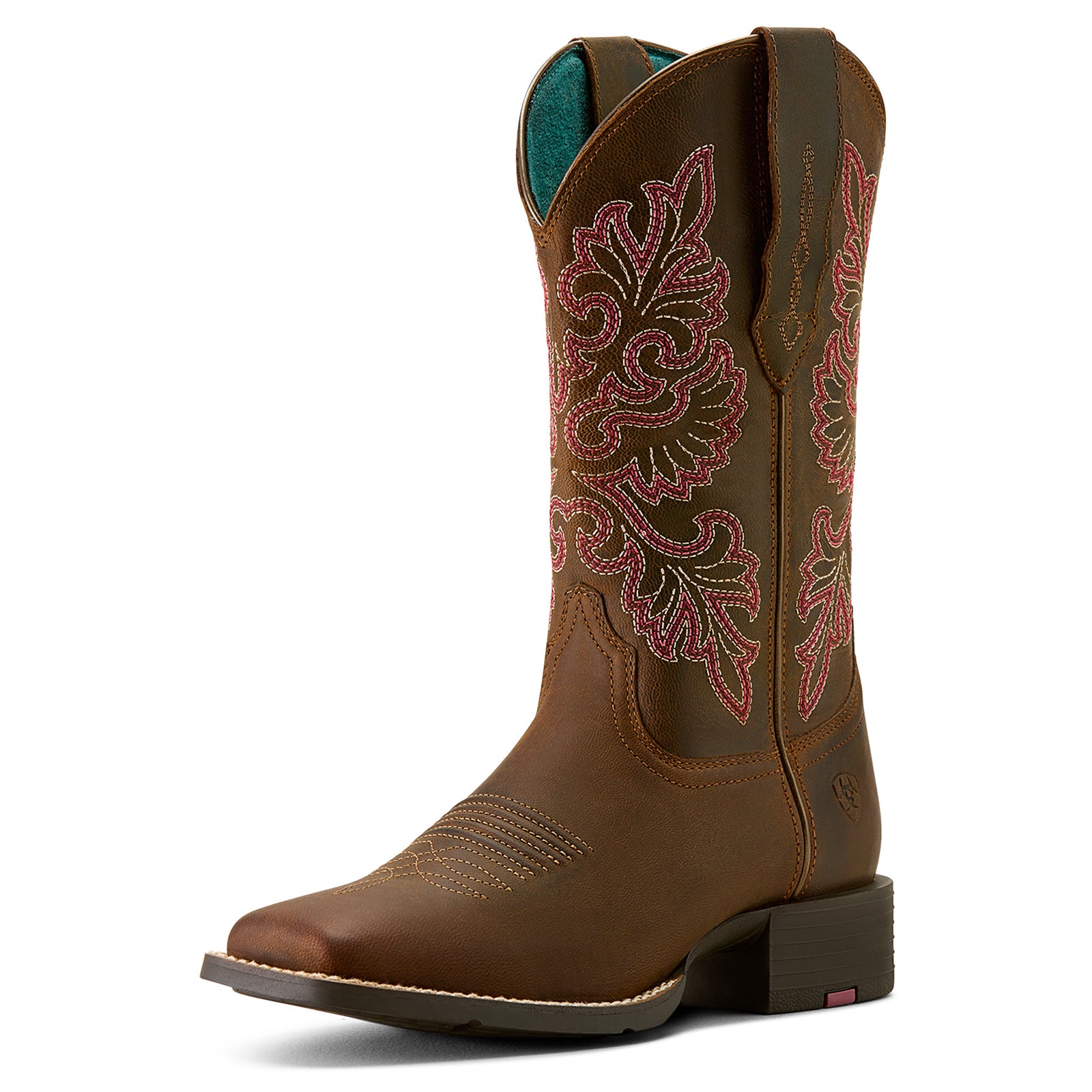Ariat Women's Round Up Wide Square Toe Stretch Fit Western Boot. Brown cowboy boot with intricate floral embroidery on a white background