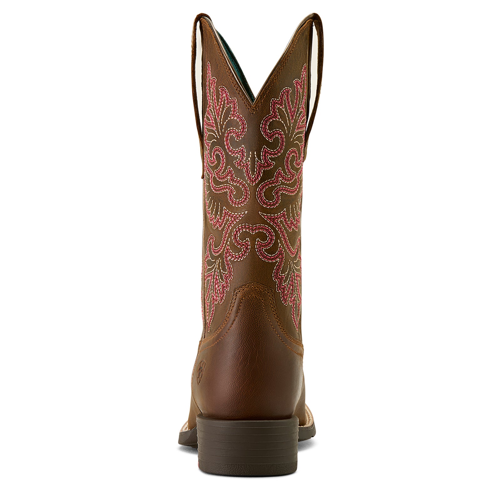 Ariat Women's Round Up Wide Square Toe Stretch Fit Western BootBrown cowboy boot with intricate red and green embroidery on a white background 