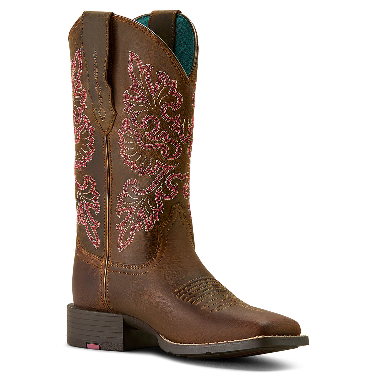 Ariat Women's Round Up Wide Square Toe Stretch Fit Western Boot. Brown cowboy boot with intricate floral embroidery on a white background