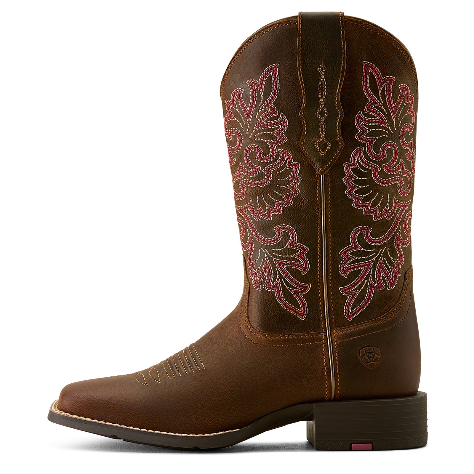 Ariat Women's Round Up Wide Square Toe Stretch Fit Western Boot. Brown cowboy boot with intricate floral embroidery on a white background