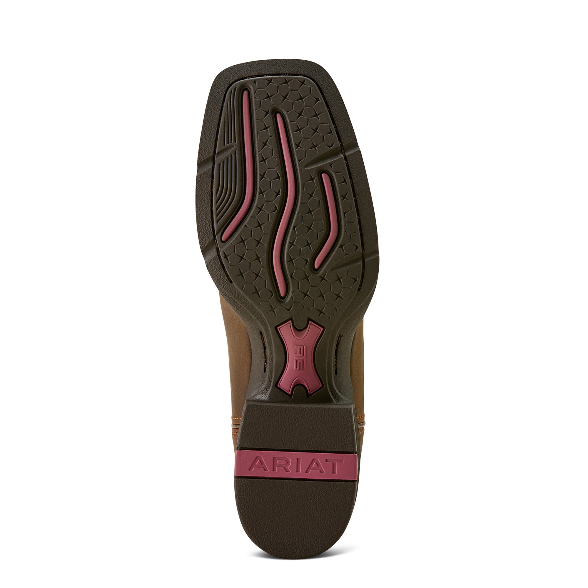 Ariat Women's Round Up Wide Square Toe Stretch Fit Western Boot. Close-up of a shoe sole with Ariat branding on a white background