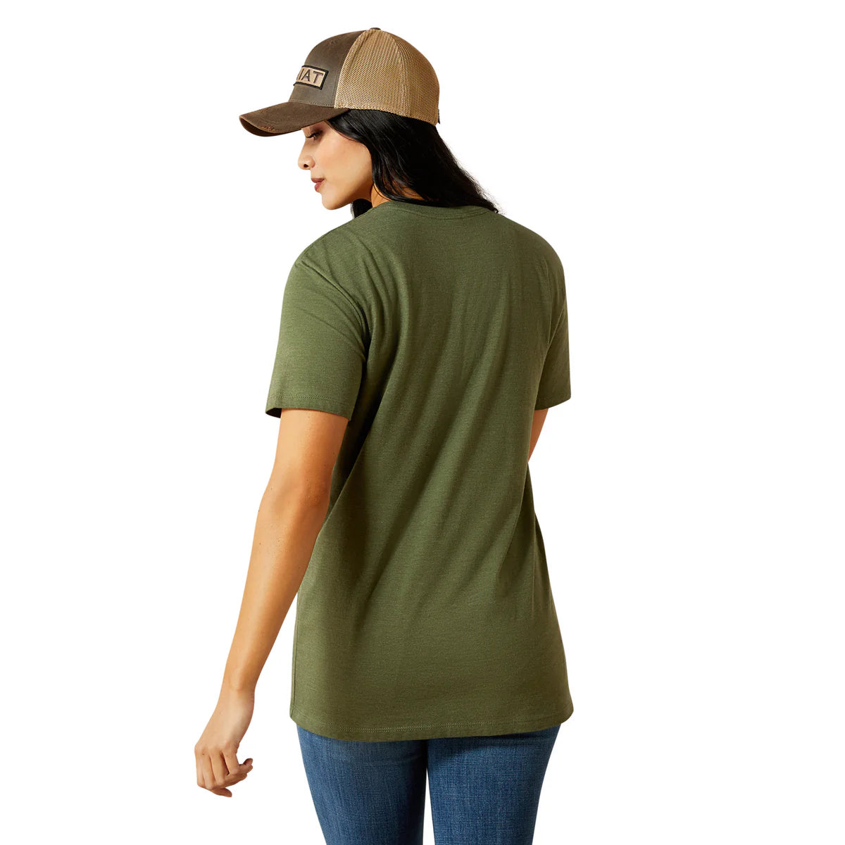 Person wearing a green t-shirt and brown cap on a white background