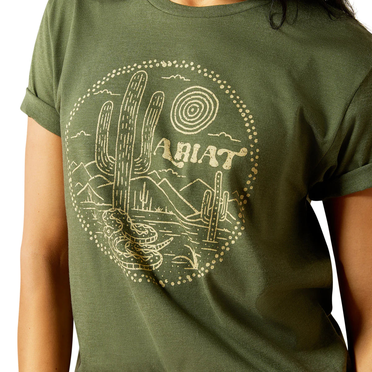 Green t-shirt with a cactus design and 'Ariat' branding on a white background