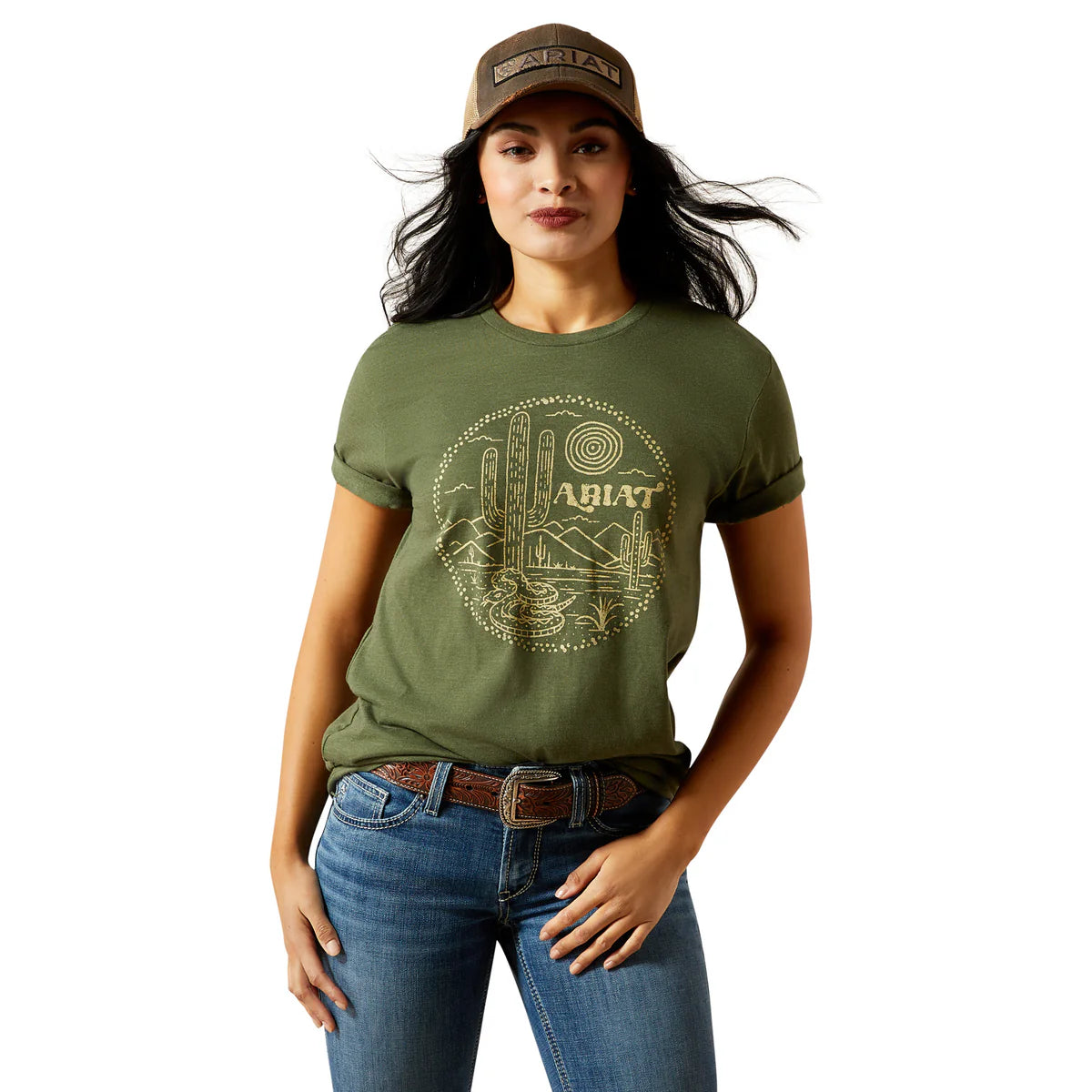 Woman wearing a green t-shirt with a graphic design and a cap on a white background