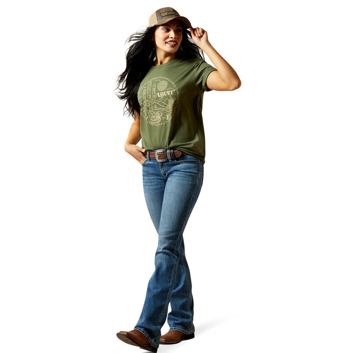 Woman wearing a green t-shirt and blue jeans with a white background