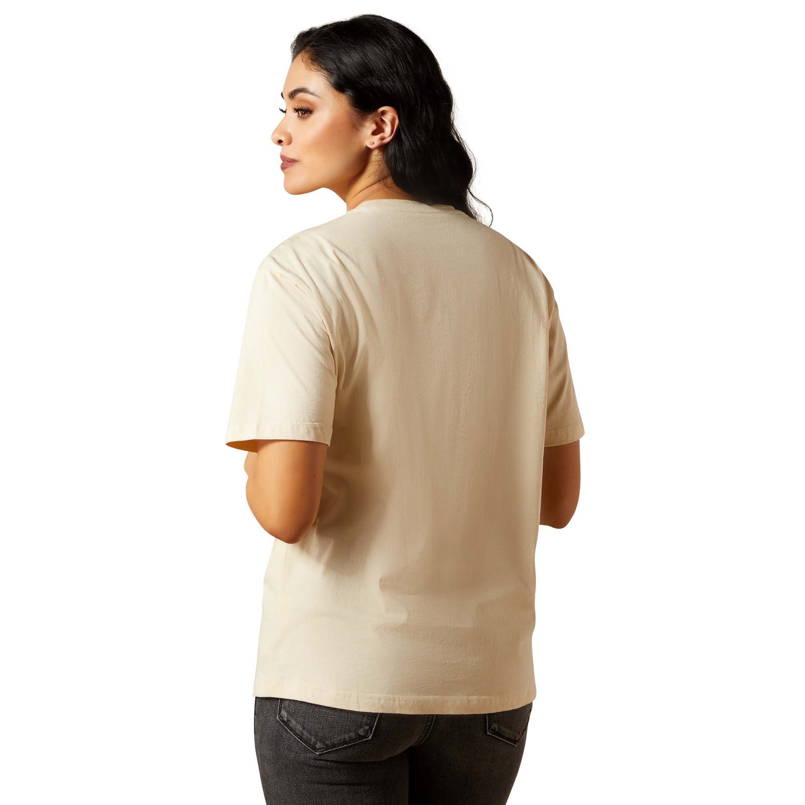 Woman wearing a beige t-shirt on a white background