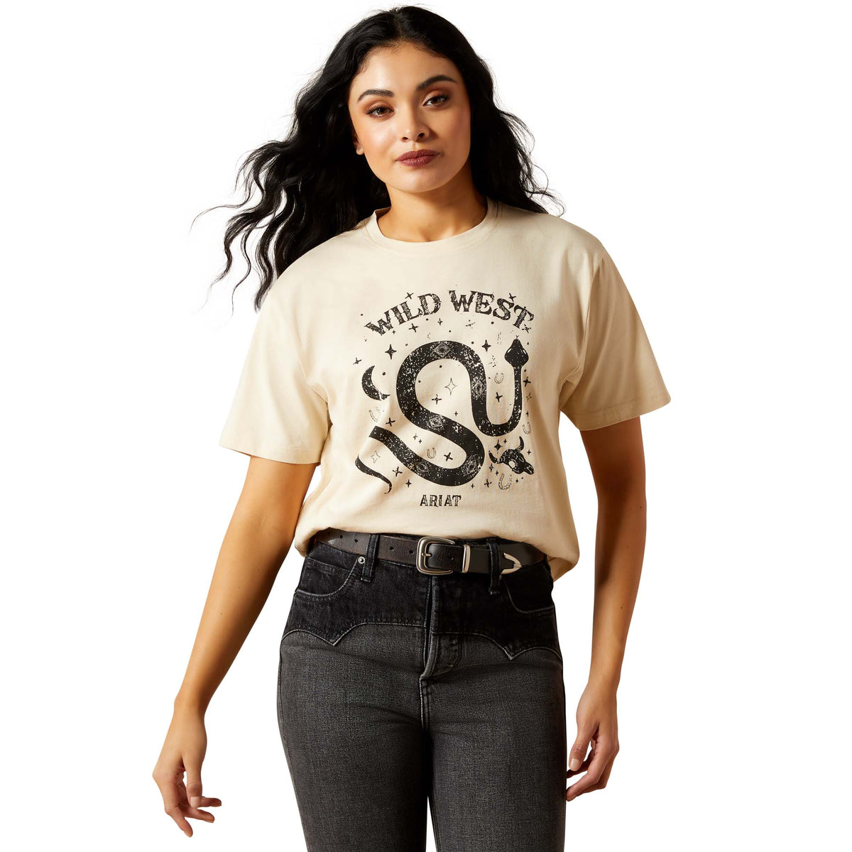 Woman wearing a beige t-shirt with 'Wild West' graphic design on a white background
