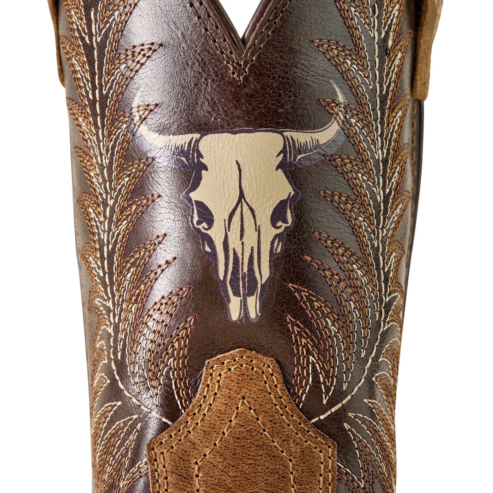 Ariat Stampede Wide Square Toe Kids Western Boot. Brown cowboy boot with intricate design on a white background