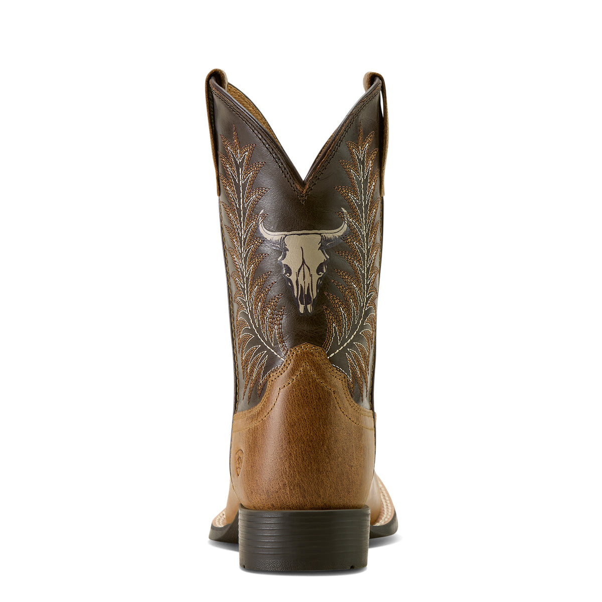 Ariat Stampede Wide Square Toe Kids Western Boot. Brown cowboy boot with decorative patterns on a white background