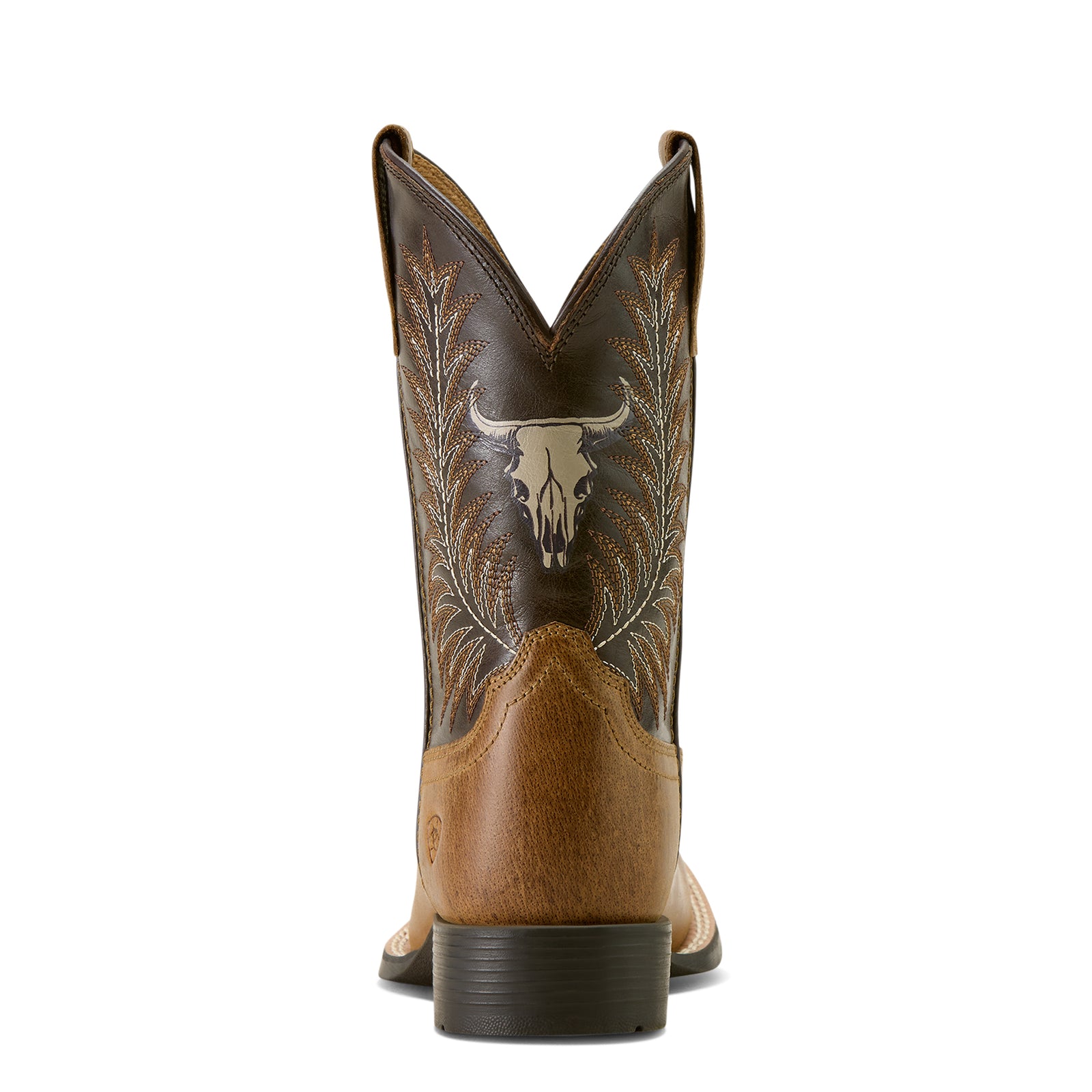Ariat Stampede Wide Square Toe Kids Western Boot. Brown cowboy boot with decorative patterns on a white background