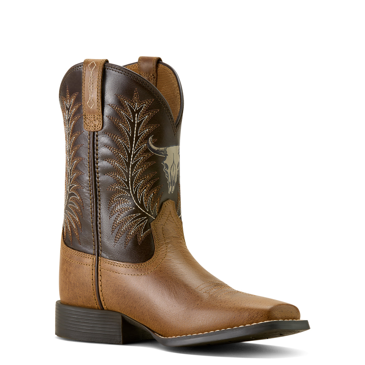Ariat Stampede Wide Square Toe Kids Western Boot. Brown cowboy boot with intricate embroidery on a white background