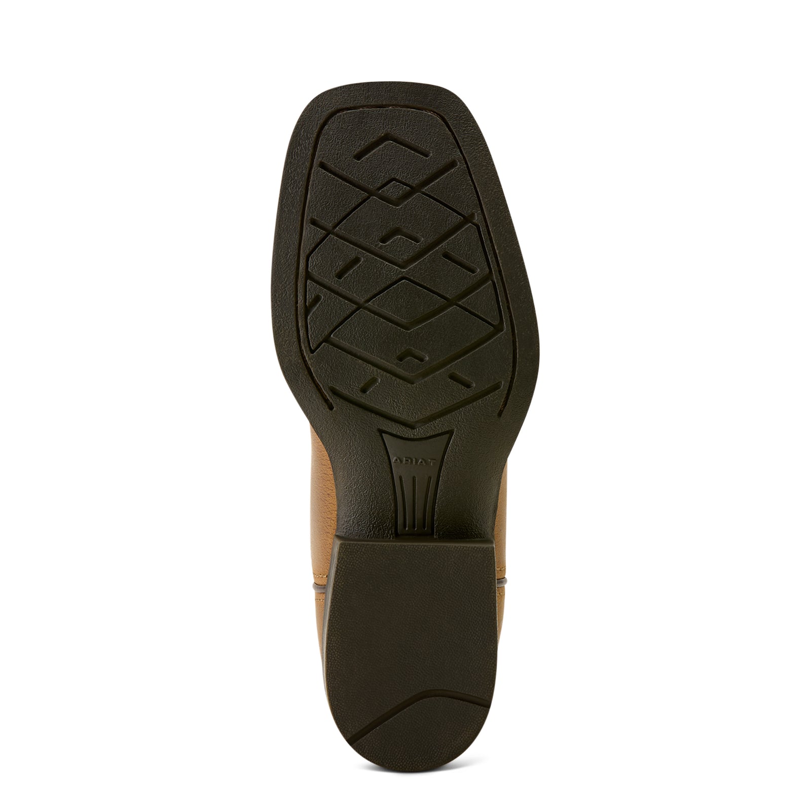 Ariat Stampede Wide Square Toe Kids Western Boot. Close-up of a shoe sole with a white background