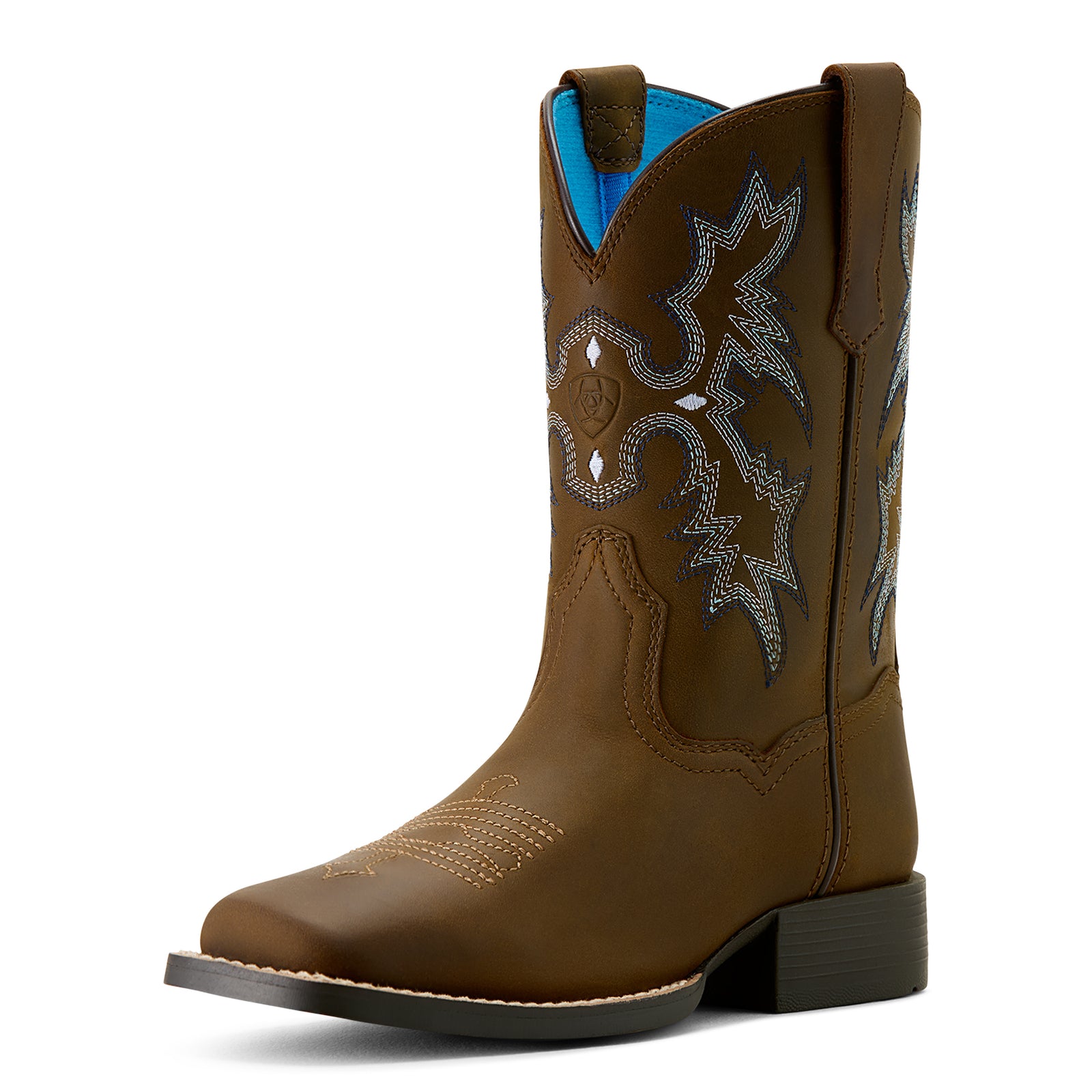 Ariat Kids Tombstone Wide Square Toe Western Boot. Brown cowboy boot with intricate stitching on a white background