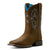 Ariat Kids Tombstone Wide Square Toe Western Boot. Brown cowboy boot with intricate stitching on a white background