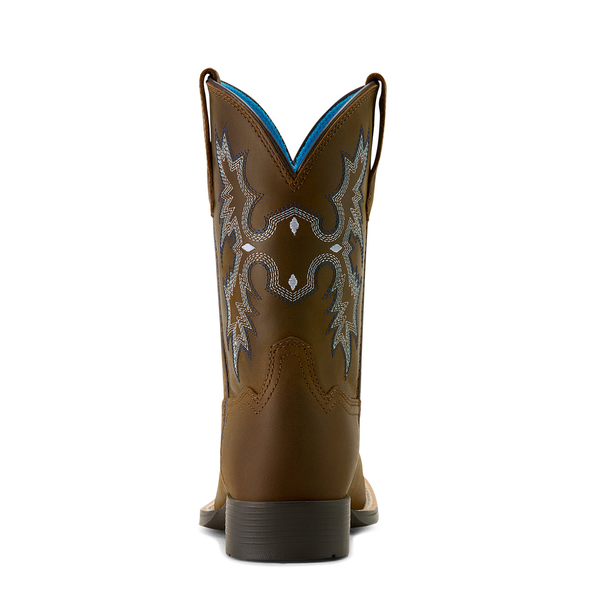 Ariat Kids Tombstone Wide Square Toe Western Boot. Brown cowboy boot with decorative stitching on a white background