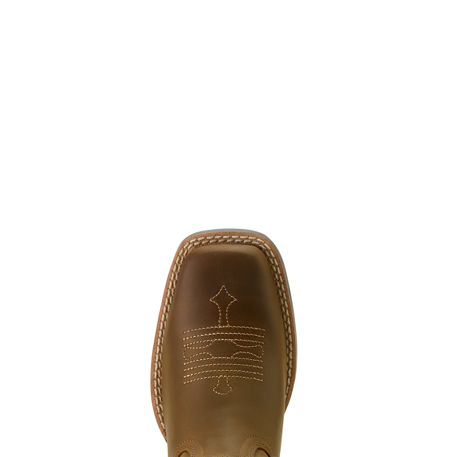 Ariat Kids Tombstone Wide Square Toe Western Boot. Brown leather boot sole with stitching detail on a white background