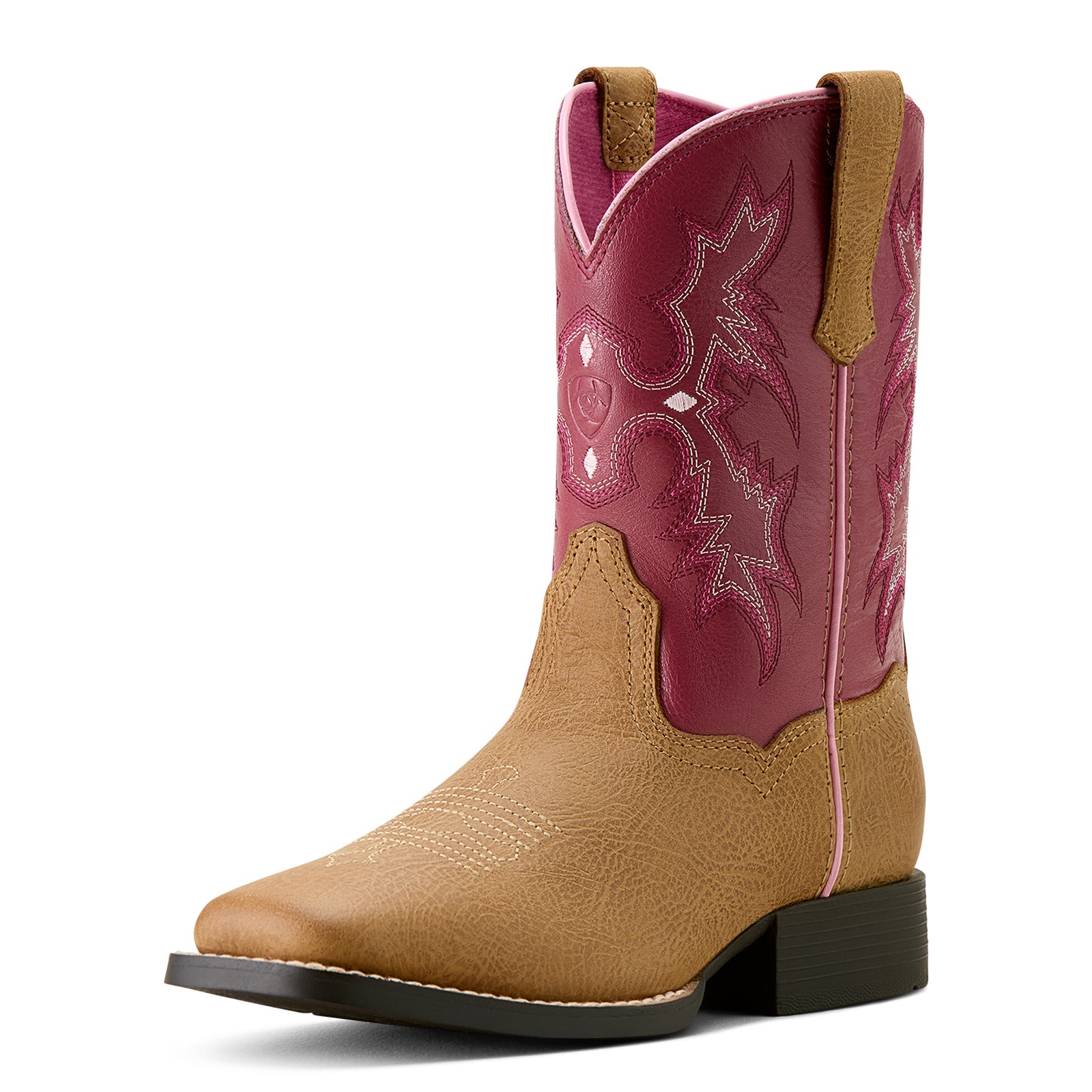 Ariat Kids Tombstone Wide Square Toe Western Boot. Brown and pink cowboy boot with intricate stitching on a white background