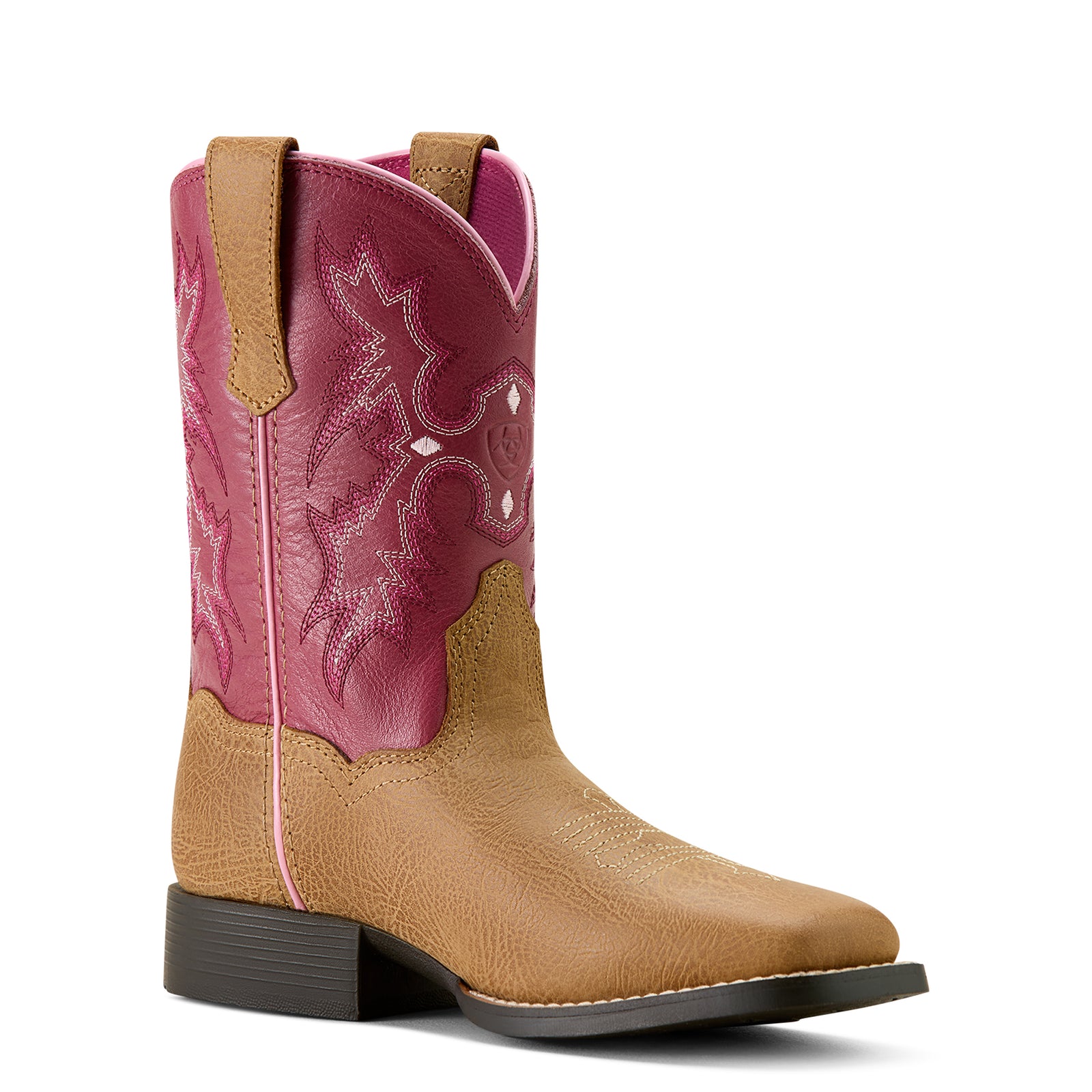 Ariat Kids Tombstone Wide Square Toe Western Boot. Brown and pink cowboy boot with intricate stitching on a white background