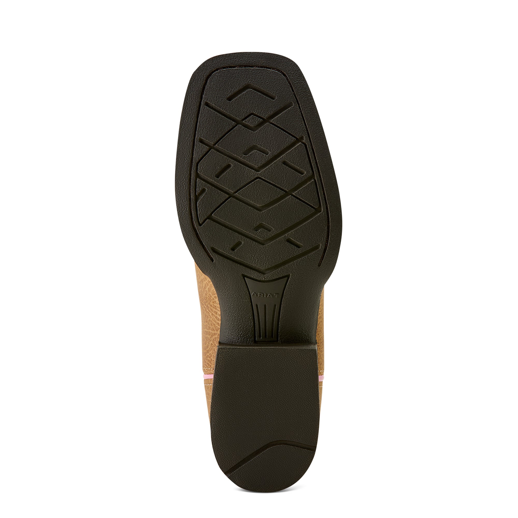 Ariat Kids Tombstone Wide Square Toe Western Boot. Close-up of a shoe sole with a white background